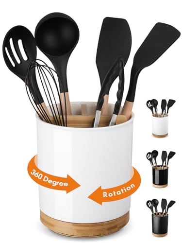 LoeJan 3 Compartment Utensil Holder, Extra Large Utensil Crock, Stable Ceramic Utensil Organizer, Cooking Tool Organizer Set for Kitchen Counter Farmhouse Decor (C-White(Grossy)) - Image 1