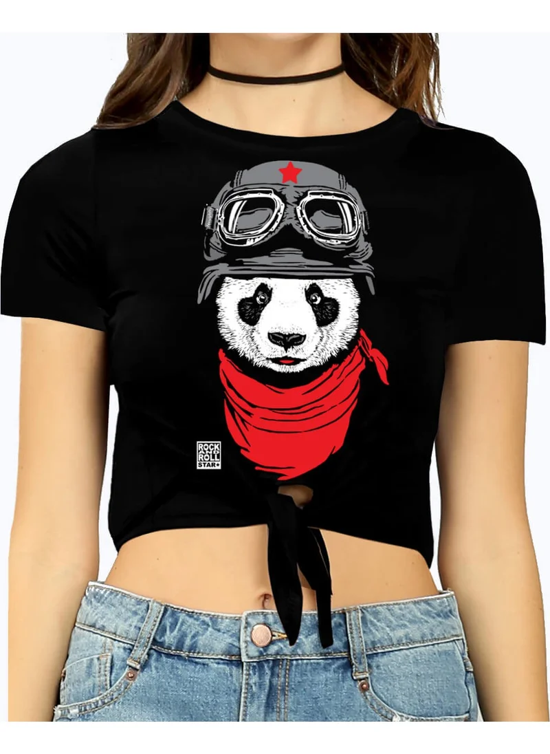 Rock&Roll Bandana Panda Black Crop Top Tied Women's T-Shirt