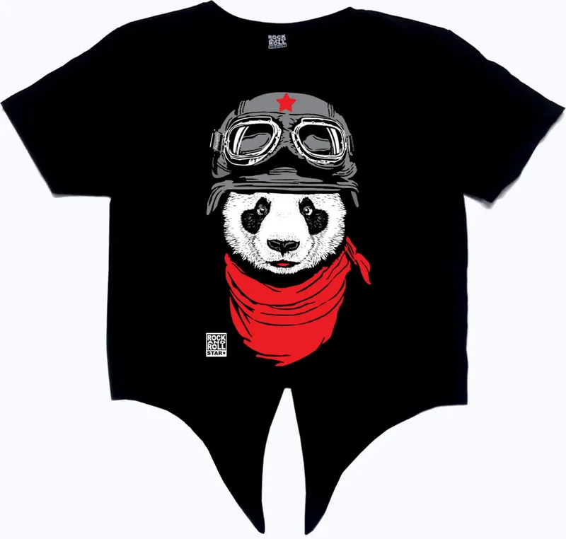 روك اند رول Bandana Panda Black Crop Top Tied Women's T-Shirt