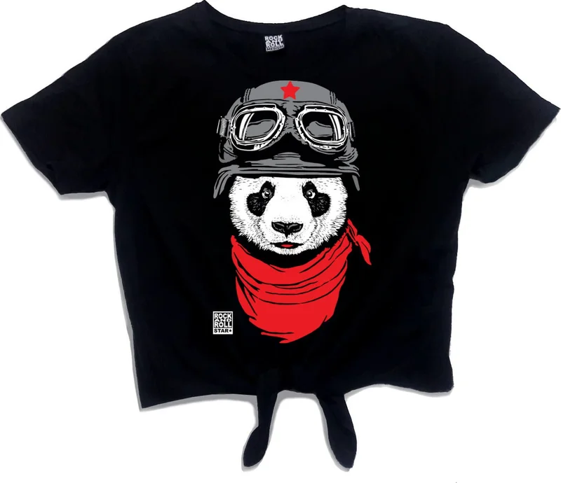 روك اند رول Bandana Panda Black Crop Top Tied Women's T-Shirt