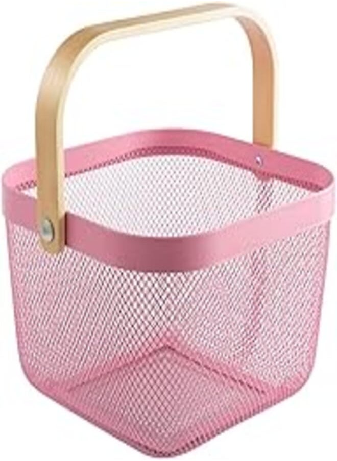 Ymeibe Ymeibe Mesh Steel Storage Organizer Basket Fruit Basket Bin with Wood Handle Ideal for Kitchen Bathroom Picnic Pantry Cabinets Storage Home Decor (Pink) 