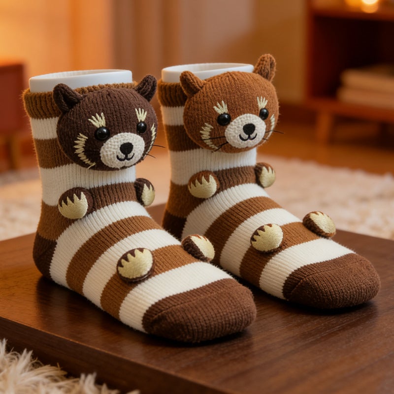 Animal Plush Floor Socks with Grip Dots - Cute Cartoon Knitted Slipper Socks - Image 1