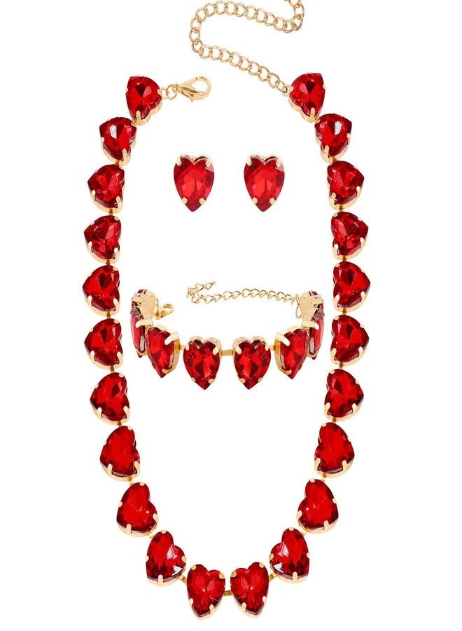KOSMOS-LI Faux Crystal Red Heart Choker Necklace Bracelet Earrings for Women Jewelry Sets Stocking Stuffers - Image 1