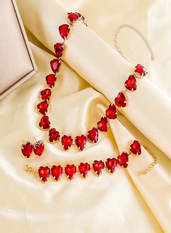 KOSMOS-LI Faux Crystal Red Heart Choker Necklace Bracelet Earrings for Women Jewelry Sets Stocking Stuffers - Image 4