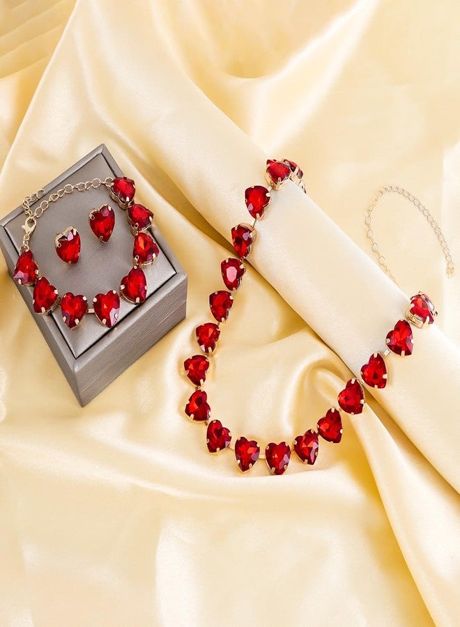 KOSMOS-LI Faux Crystal Red Heart Choker Necklace Bracelet Earrings for Women Jewelry Sets Stocking Stuffers - Image 3