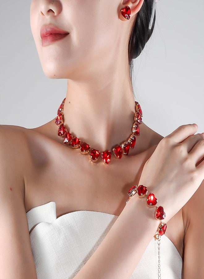 KOSMOS-LI Faux Crystal Red Heart Choker Necklace Bracelet Earrings for Women Jewelry Sets Stocking Stuffers - Image 2