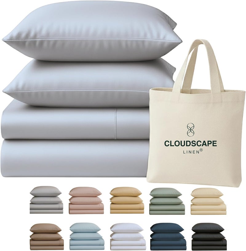 كلاود سكيب لينين مجموعة شراشف Cloud Scape Linen من القطن المصري 100% مقاس كاليفورنيا كينج 4 قطع، عدد الخيوط 400، جودة فندقية، حريري النعومة، مسامي، متين، جيوب عميقة تصل إلى 17 بوصة، فضي - Image 1