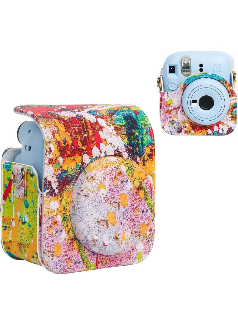 SOLARAE Colorful PU Leather Camera Case for Fuji Instax Mini 12 - Adjustable Shoulder Strap, Stylish Abstract Design, Great for Instant Photography - Image 3