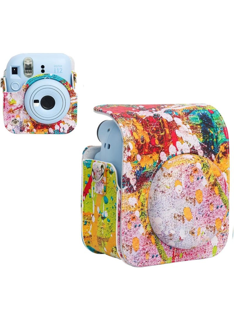 SOLARAE Colorful PU Leather Camera Case for Fuji Instax Mini 12 - Adjustable Shoulder Strap, Stylish Abstract Design, Great for Instant Photography - Image 1