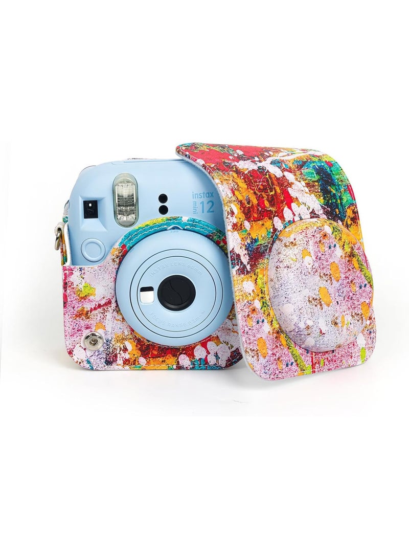 SOLARAE Colorful PU Leather Camera Case for Fuji Instax Mini 12 - Adjustable Shoulder Strap, Stylish Abstract Design, Great for Instant Photography - Image 2