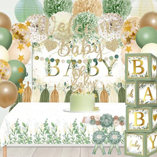 OUNIY Sage Green Baby Shower Decorations Gender Neutral Baby Shower Decorations Welcome Baby Banner Sage Green Balloons Paper Lanterns Pom Tablecloth Neutral Gender Reveal Birthday Party Supplies - Image 1