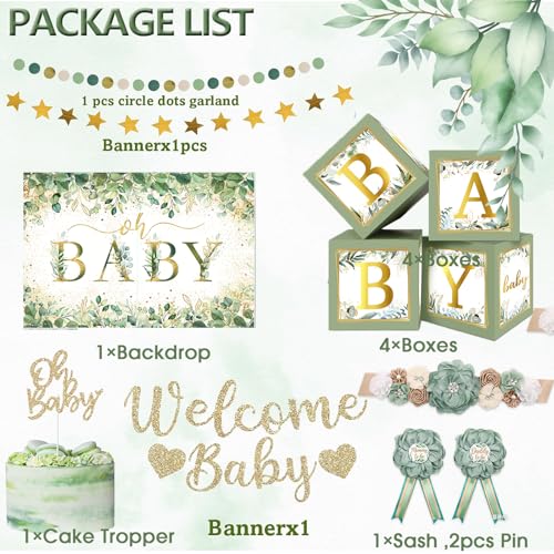 OUNIY Sage Green Baby Shower Decorations Gender Neutral Baby Shower Decorations Welcome Baby Banner Sage Green Balloons Paper Lanterns Pom Tablecloth Neutral Gender Reveal Birthday Party Supplies - Image 5