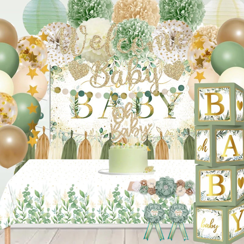 OUNIY Sage Green Baby Shower Decorations Gender Neutral Baby Shower Decorations Welcome Baby Banner Sage Green Balloons Paper Lanterns Pom Tablecloth Neutral Gender Reveal Birthday Party Supplies - Image 2