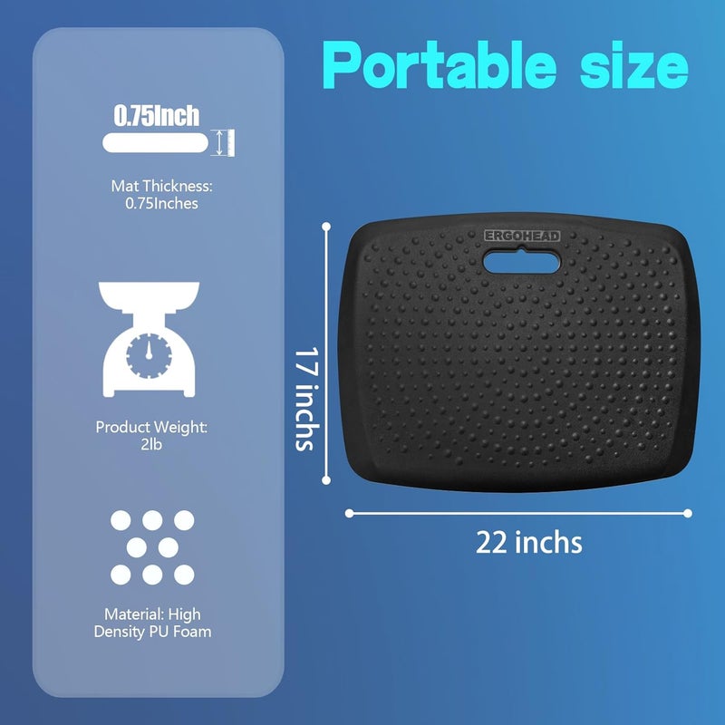 ergohead Anti Fatigue Kitchen Floor Mat Comfort Standing Mat, Portable Office Standing Desk Mat, Multi-Purpose Kitchen Rug, Built-in Handle with Massage Points Comfort Floor Mat (Black, 17" x 22") - Image 4