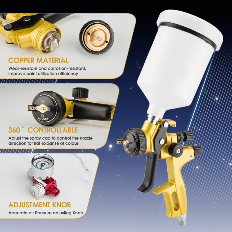 FXFOUCS HVLP Spray Gun with 1.3mm Nozzle, Car Paint Gun Premium Tool Kit Perfect for a Wide Range of Applications Including car & Automotive Painting, Furniture and House Finishing (Golden, 1.3mm) - Image 4