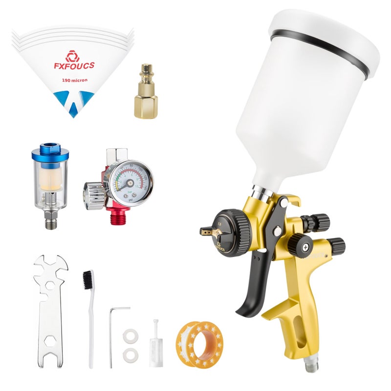 FXFOUCS HVLP Spray Gun with 1.3mm Nozzle, Car Paint Gun Premium Tool Kit Perfect for a Wide Range of Applications Including car & Automotive Painting, Furniture and House Finishing (Golden, 1.3mm) - Image 1