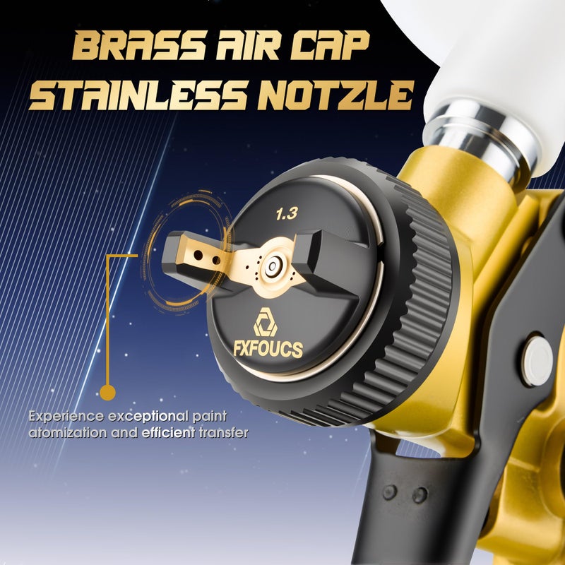 FXFOUCS HVLP Spray Gun with 1.3mm Nozzle, Car Paint Gun Premium Tool Kit Perfect for a Wide Range of Applications Including car & Automotive Painting, Furniture and House Finishing (Golden, 1.3mm) - Image 2