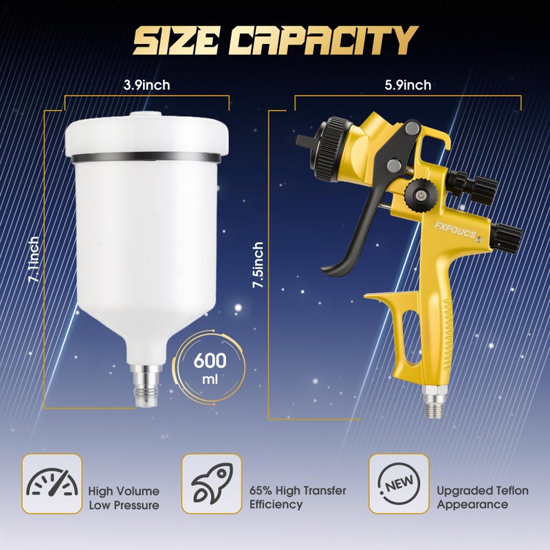 FXFOUCS HVLP Spray Gun with 1.3mm Nozzle, Car Paint Gun Premium Tool Kit Perfect for a Wide Range of Applications Including car & Automotive Painting, Furniture and House Finishing (Golden, 1.3mm) - Image 3