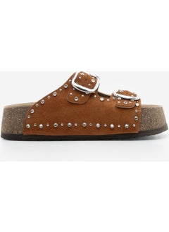 MARJIN Women's Leather Stoned Double Banded Cork High Sole Daily Slippers Tusila  - Image 2