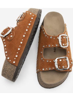 MARJIN Women's Leather Stoned Double Banded Cork High Sole Daily Slippers Tusila  - Image 5
