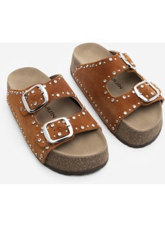 MARJIN Women's Leather Stoned Double Banded Cork High Sole Daily Slippers Tusila  - Image 3
