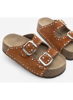 MARJIN Women's Leather Stoned Double Banded Cork High Sole Daily Slippers Tusila  - Image 1
