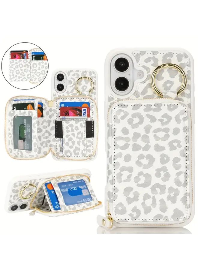 حافظة هاتف IPhone 16 Plus بتصميم طبعة نمر بيضاء مع فتحة لبطاقات الائتمان، جيب بسحاب وحلقة حامل - Image 1