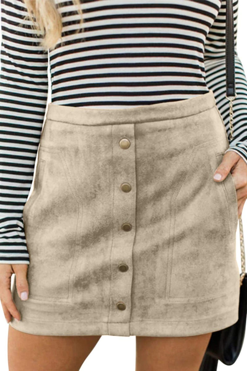 Meyeeka Bodycon Suede Skirt for Women Plain Solid Button Front Pocket Leather Clubwear S Beige - Image 1