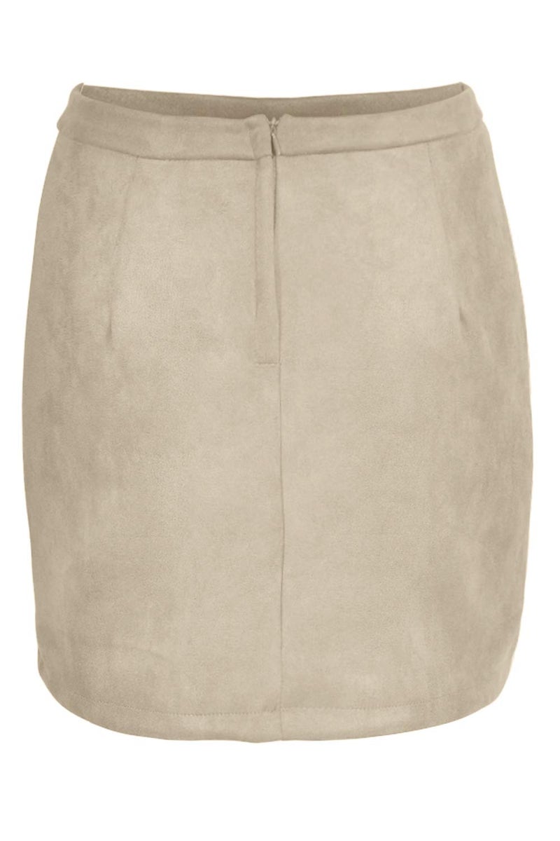 Meyeeka Bodycon Suede Skirt for Women Plain Solid Button Front Pocket Leather Clubwear S Beige - Image 5