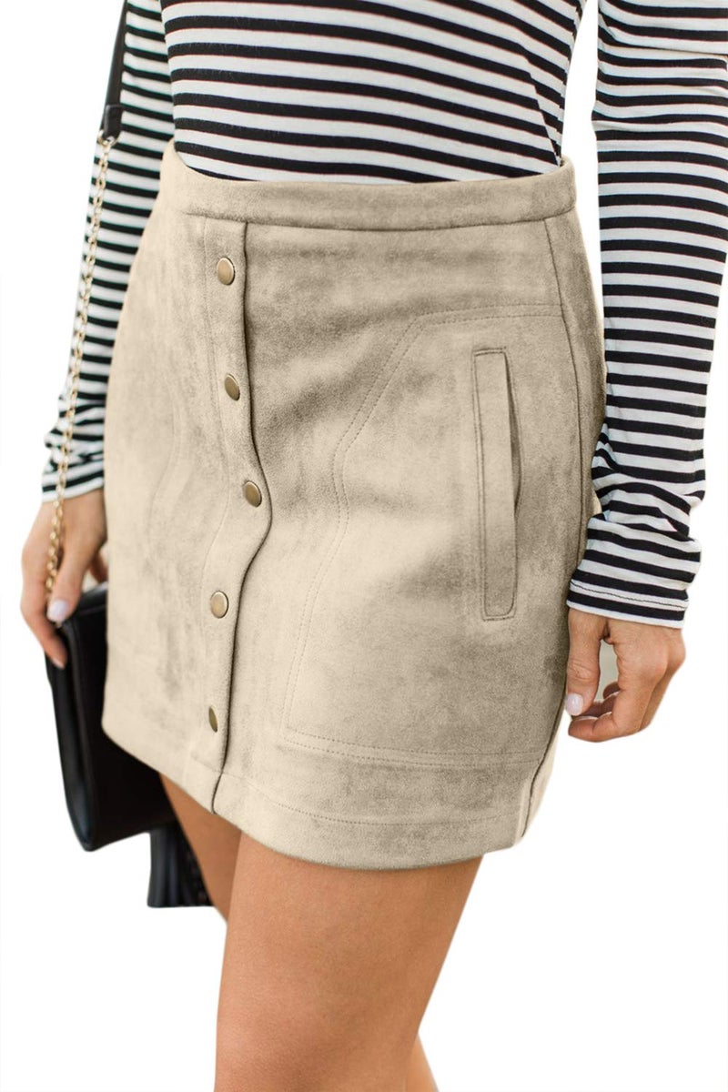 Meyeeka Bodycon Suede Skirt for Women Plain Solid Button Front Pocket Leather Clubwear S Beige - Image 2