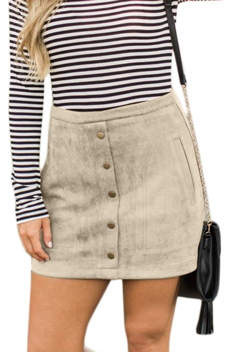 Meyeeka Bodycon Suede Skirt for Women Plain Solid Button Front Pocket Leather Clubwear S Beige - Image 3