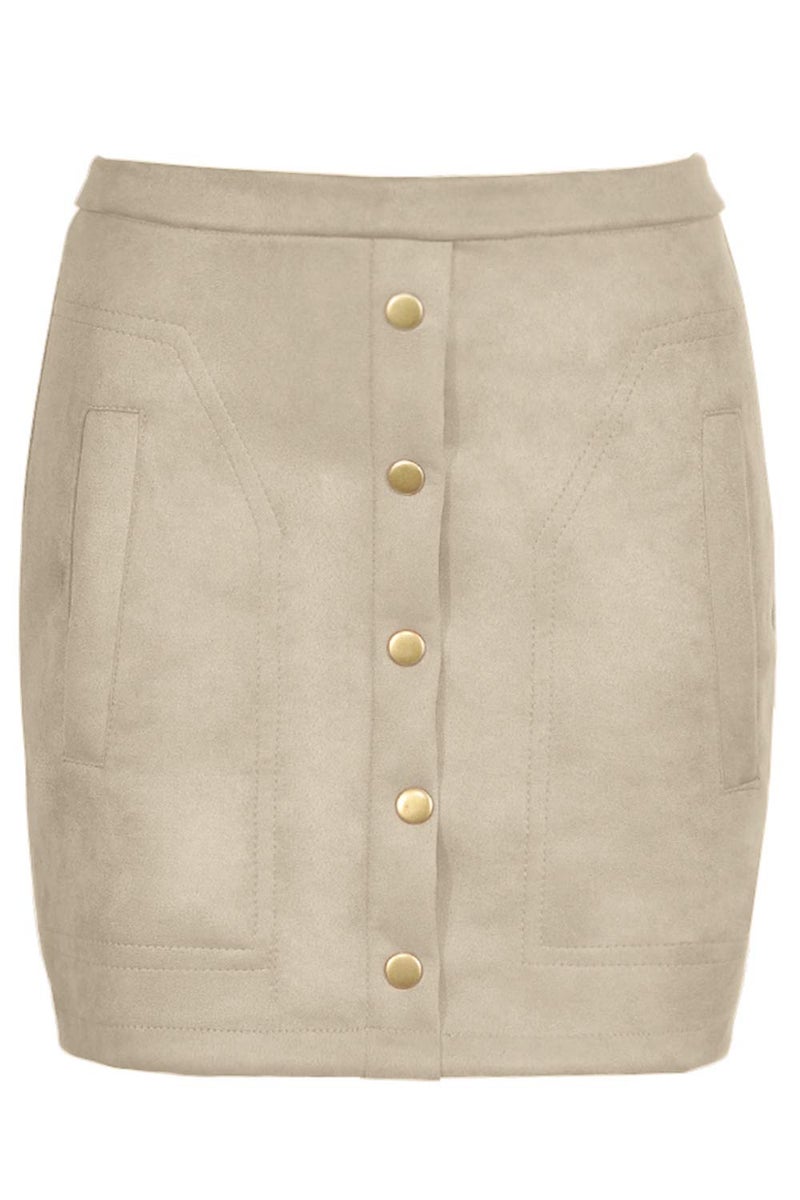 Meyeeka Bodycon Suede Skirt for Women Plain Solid Button Front Pocket Leather Clubwear S Beige - Image 4