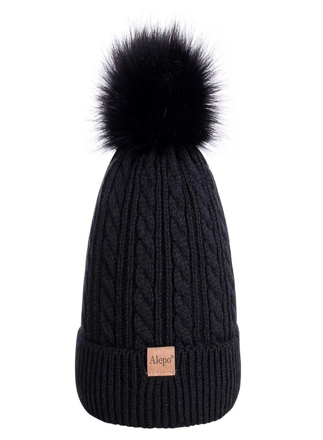 Alepo Kids Winter Beanie Hat, Children's Warm Fleece Lined Knit Thick Ski Cap with Pom Pom for Boys Girls (Black) - Image 1