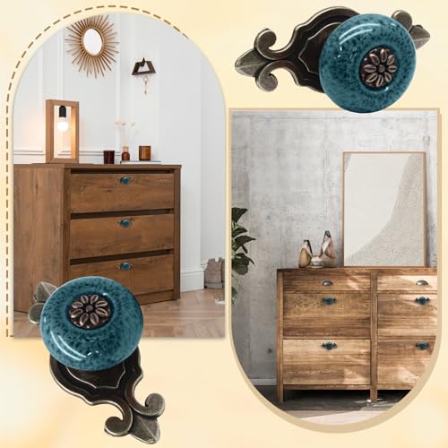 Suiwotin 10pcs Ceramic Blue Dresser Knobs with Pattern, Vintage Cabinet Knobs with Antique Bronze Back Plate, Decorative Drawer Pull Handles for Closet, Cupboard - Image 5