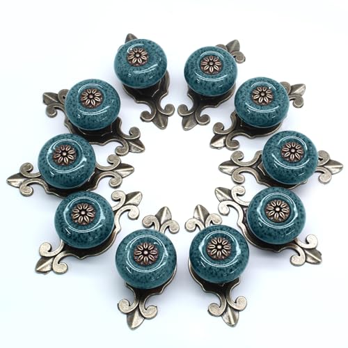 Suiwotin 10pcs Ceramic Blue Dresser Knobs with Pattern, Vintage Cabinet Knobs with Antique Bronze Back Plate, Decorative Drawer Pull Handles for Closet, Cupboard - Image 4