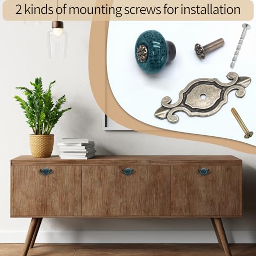 Suiwotin 10pcs Ceramic Blue Dresser Knobs with Pattern, Vintage Cabinet Knobs with Antique Bronze Back Plate, Decorative Drawer Pull Handles for Closet, Cupboard - Image 3
