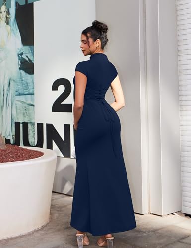 YMDUCH Women's Casual Short Sleeve Boat Neck Ruched High Split Bodycon Long Formal Dress Navy - Image 2