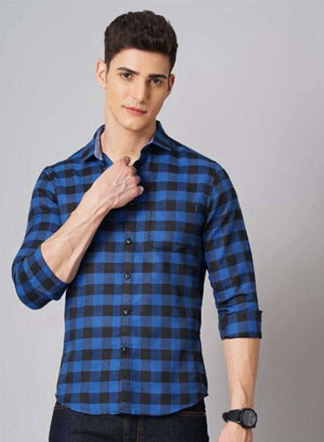 Take Two Men Blue Checkered Spread Collar Shirt By HardSoda