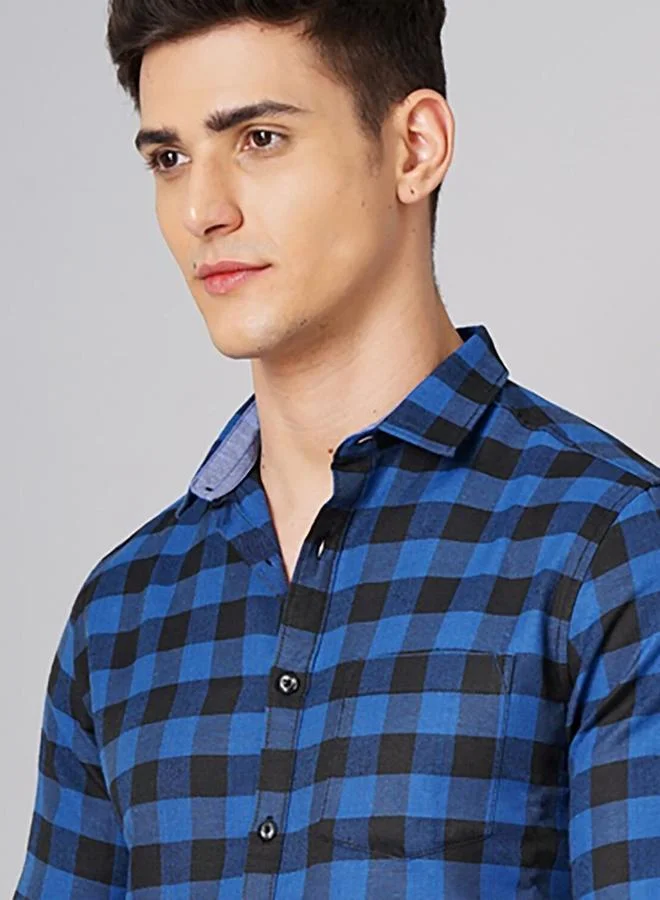 Take Two Men Blue Checkered Spread Collar Shirt By HardSoda