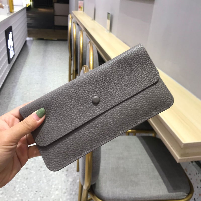 First Layer Cowhide Large Capacity Long Hand Wallet Womens 2023 New Style Simple Elegant Wallet Ultra-thin Leather Card Holder Dark gray 