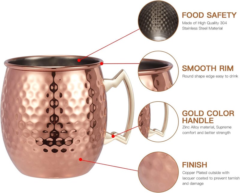 TABLEWARE MELODY طقم أكواب موسكو مول من 2 - أكواب نحاسية مطروقة مع بطانة من الفولاذ المقاوم للصدأ، 2 مصاصة وقياس مزدوج - طقم هدايا بار للأكواب، حفلات الزفاف، الترفيه المنزلي - Image 2