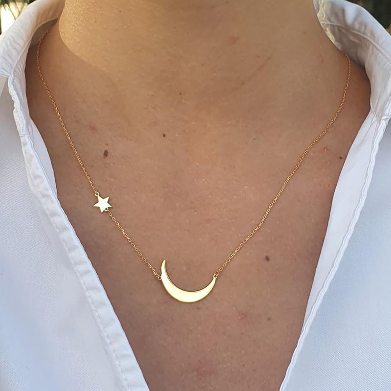 ASCOMY Dainty 14K Gold Plated Moon and Star Pendant Necklaces for Women Minimalist Cute Crescent Moon Necklaces with Star Tiny Charm Necklace for Everyday Jewelry Gifts - Image 2
