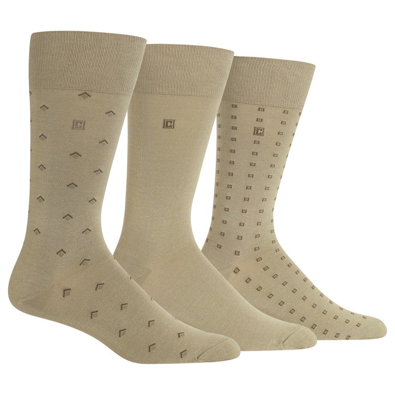 Chaps Mens Classic Crew - 3 Pair Pack Pattern And Solid Color Designs Dress Sock, Diamond (Khaki), 6-12 US