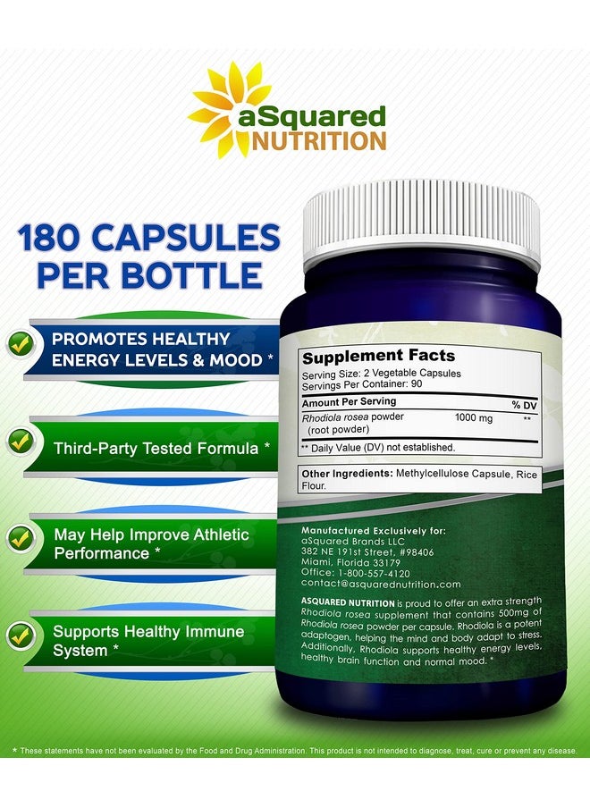 aSquared Nutrition - Rhodiola Rosea Supplement 1000Mg 180 Vegan Capsules Max Strength Rhodiola Root Extract Pills Improve Pure Energy Brain Function & Stress Relief Golden Root Herb Powder Tablets Men & Women - Image 1
