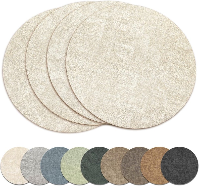 NCUE 13" Round Placemats Set of 4, Reversible Faux Leather Heat Resistant Table Mats, 100% Waterproof Oilproof Wipeable Table Protective Placemats for Vinyl, Washable for Indoor & Outdoor Use (4, Beige) - Image 1