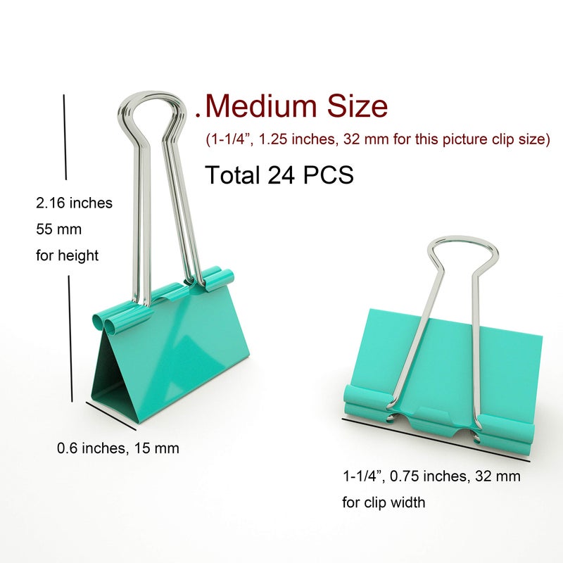Nctinystore Binder Clips Medium Metal Clamp 1.25 inch / 32 mm (Light-Green, 24-PCS) - Image 2