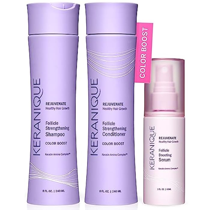 Keranique Color Treated Shampoo and Conditioner Set with Follicle Booster Hair Serum - Keratin Enriched Color Boost Set w/Shampoo, Conditioner & Thickening Spray for Women w/Fine, Thin, Colored Hair - Image 1