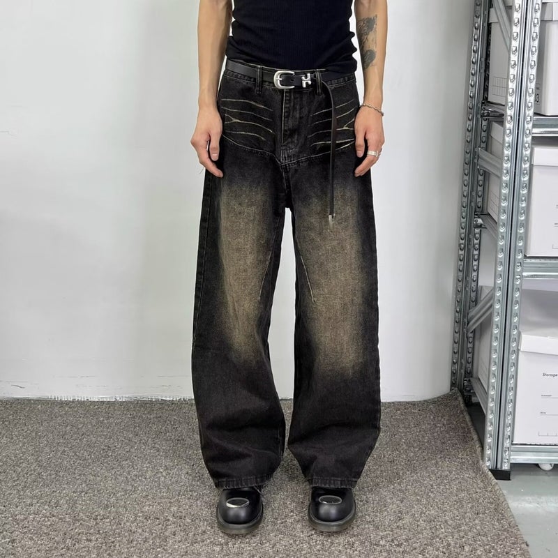 American High Street Retro Design Jeans Men'S And Women'S Autumn New Versatile Casual Washed Loose Straight Wide-Leg Pants - Image 2