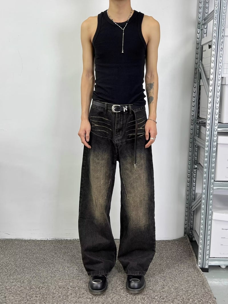 American High Street Retro Design Jeans Men'S And Women'S Autumn New Versatile Casual Washed Loose Straight Wide-Leg Pants - Image 1
