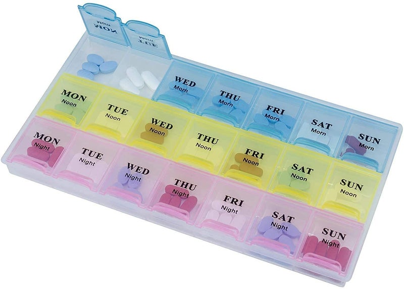 Iktu 21 Compartment Weekly Pill Organizer, Medicine Storage, Timer Case Three-Times-a-Day, 1 Pill Organizer (1 Piece) - Image 1